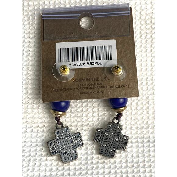 Mia Inspirations Inlay Cross Blue Bead Drop Dangle Post Earrings - Picture 3 of 5